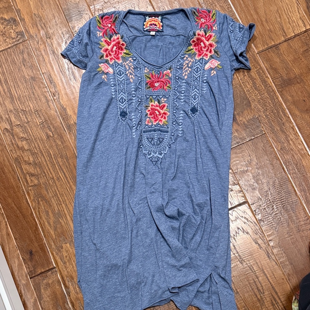 Johnny Was Blue Dress with Pink and Green Embroidery